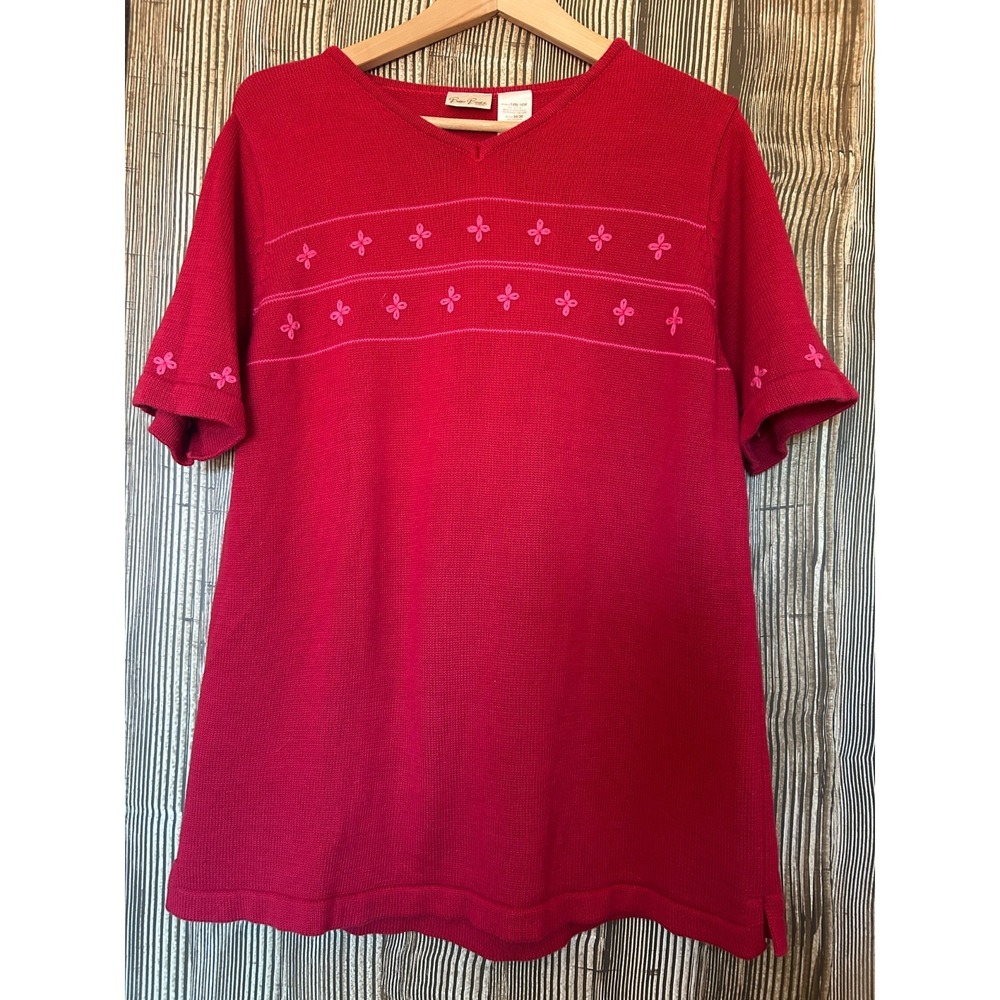 Bobbie Brooks VTG Red Sweater Top 1X 14W/16W Embroidered Dainty Floral Details